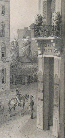 Historische Zeichnung des Hauses mit Balkon und Eingang der Apotheke